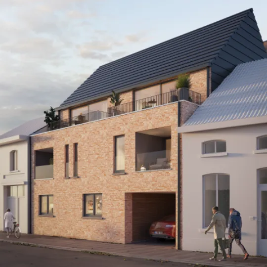 Modern woonproject met mensen op straat, realisatie door Teugels Bouwbedrijf